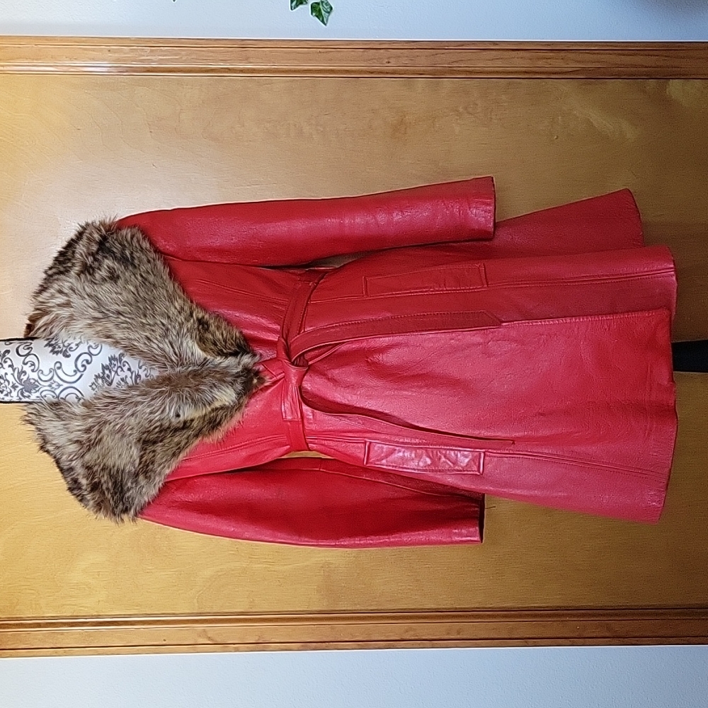 Rare Vintage Red Leather Treach Coat with Fur Collar